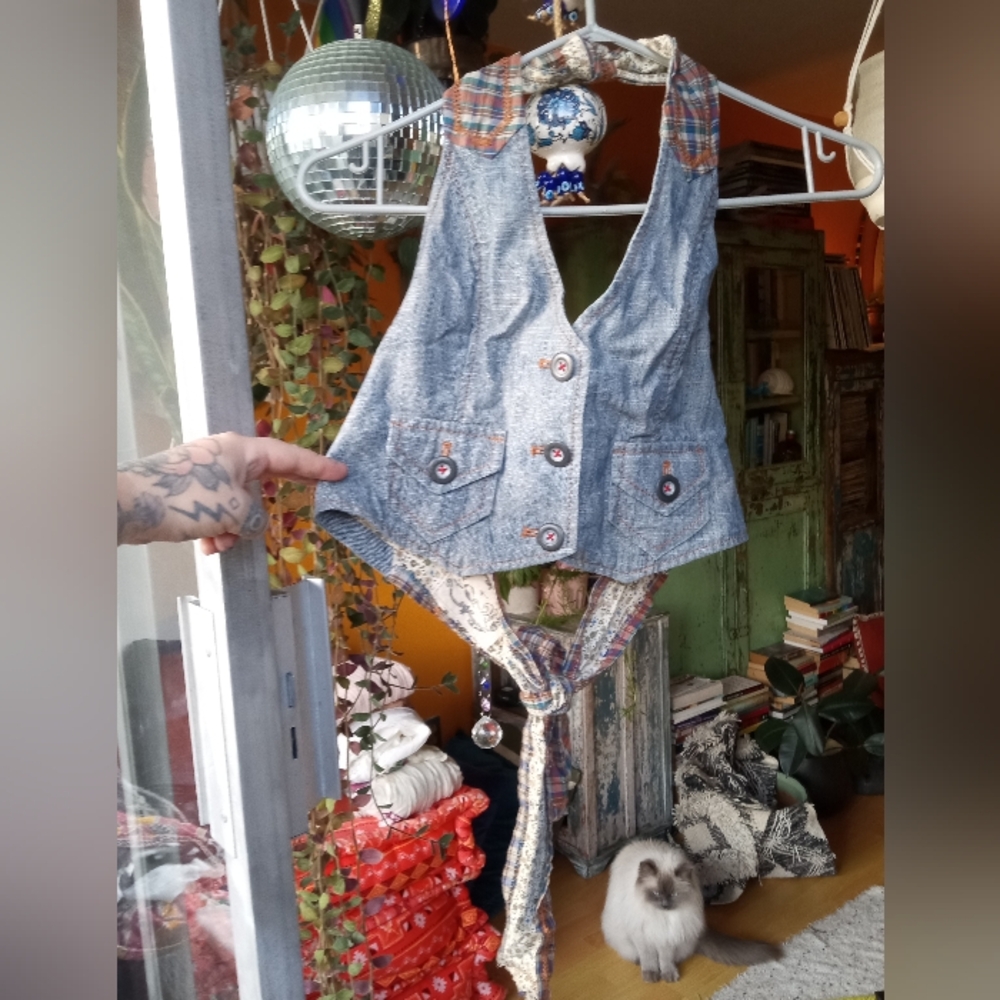 Free People Halter Neck Denim Vest Top - Picture 2 of 16